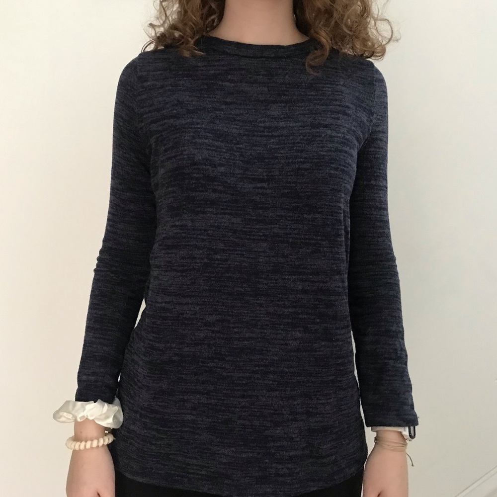 Navy sweater with buttons and elbow pads.